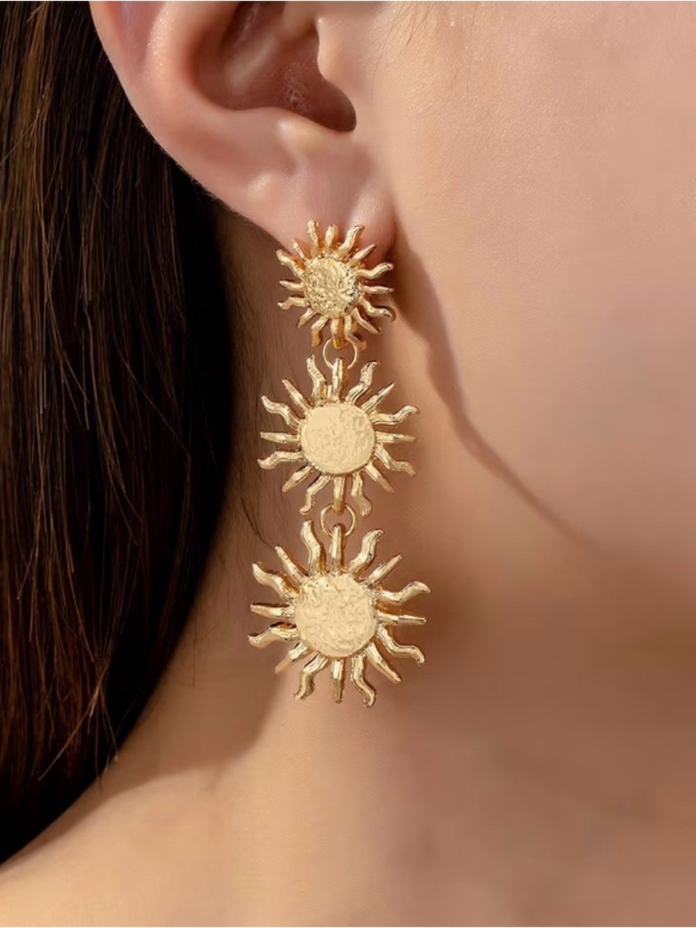 Triple Sunburst Gold Drop Earrings for Women